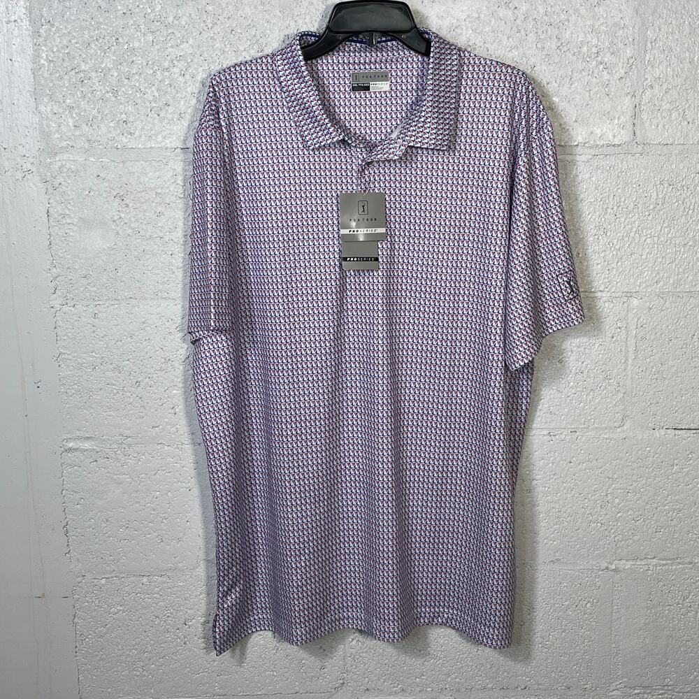 Pga Tour Men's Athletic Fit SS Golf Polo Shirt, Textured Boat-Print XXL